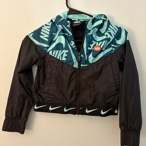 Nike Kids Windbreaker Jacket — Teal/Black Logo Print — Size Small